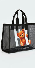 Cute Teddy Mesh Beach Tote Bag – Lightweight Reusable Shopping & Travel Bag