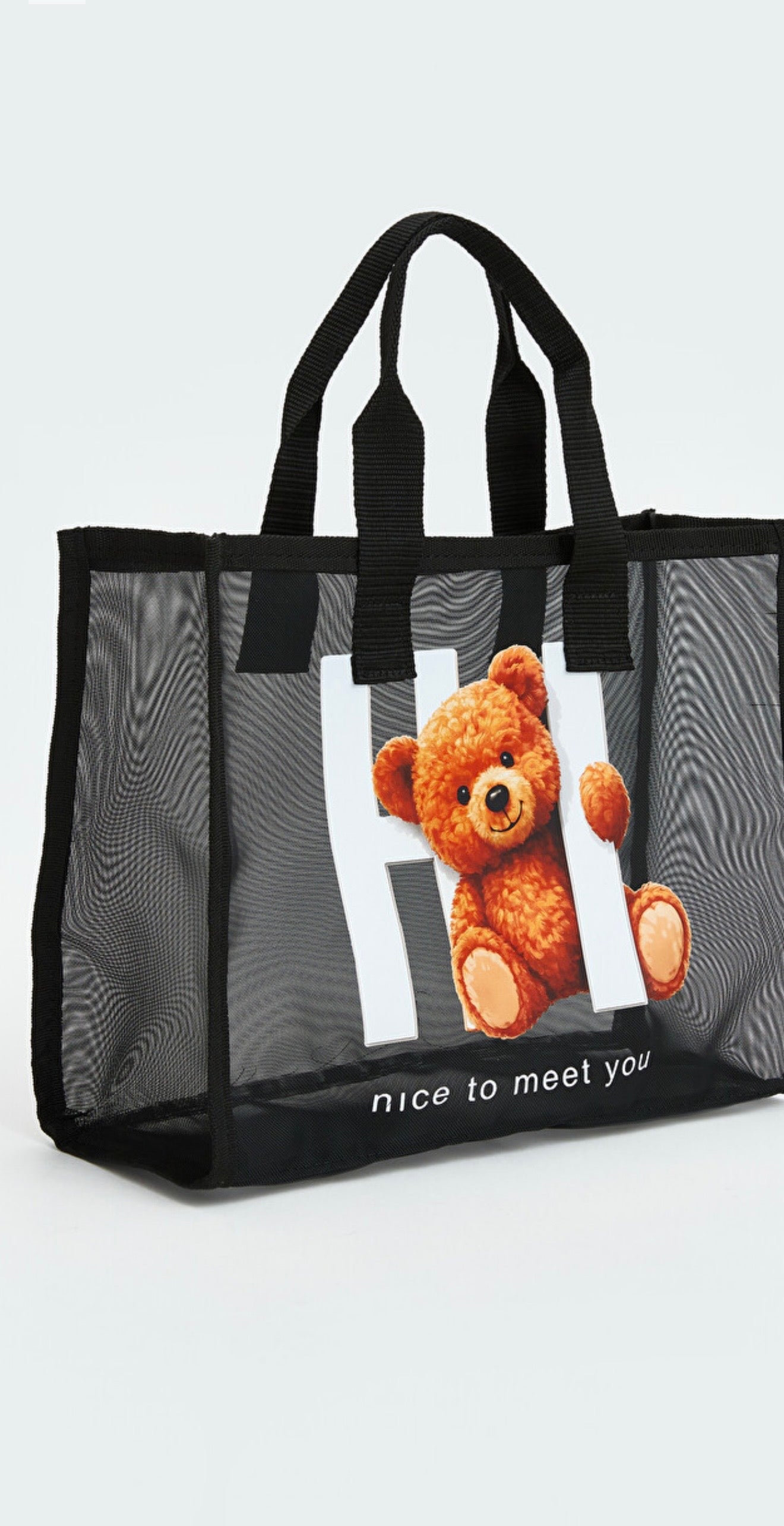 Cute Teddy Mesh Beach Tote Bag – Lightweight Reusable Shopping & Travel Bag